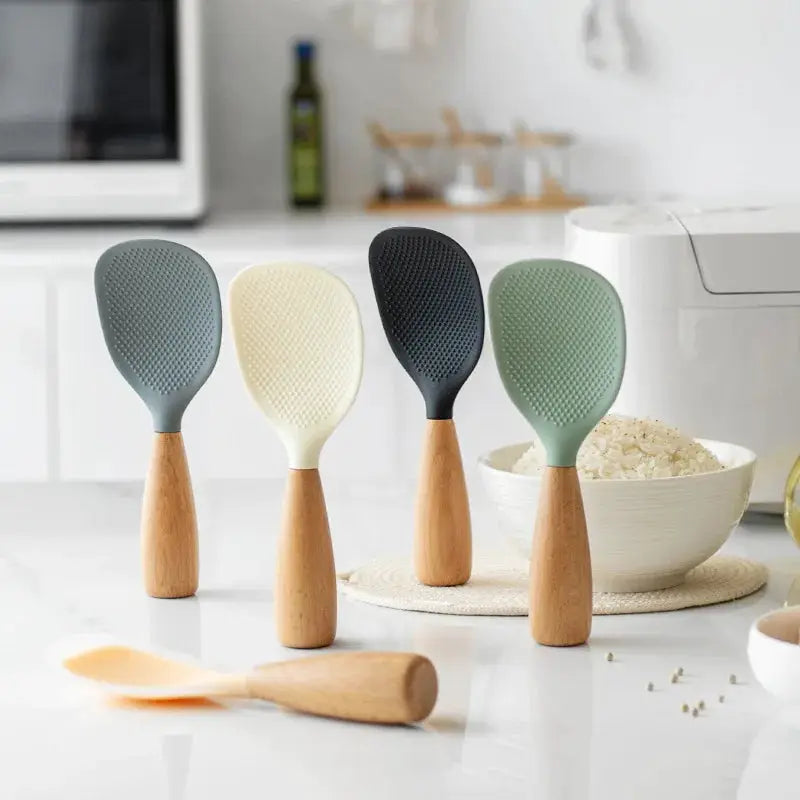 Wooden Handle Silicone Rice Spoon For Rice Cooker Heat Resistant Nonstick Kitchen Utensil