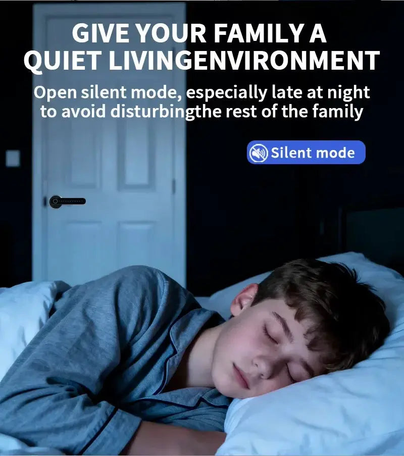 TTLock smart door lock on a white door; black electronic lock in a dim bedroom with a sleeping person