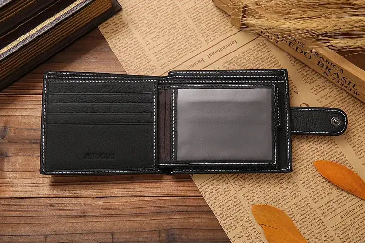Men's black genuine leather wallet by Simples Market with card slots and ID window