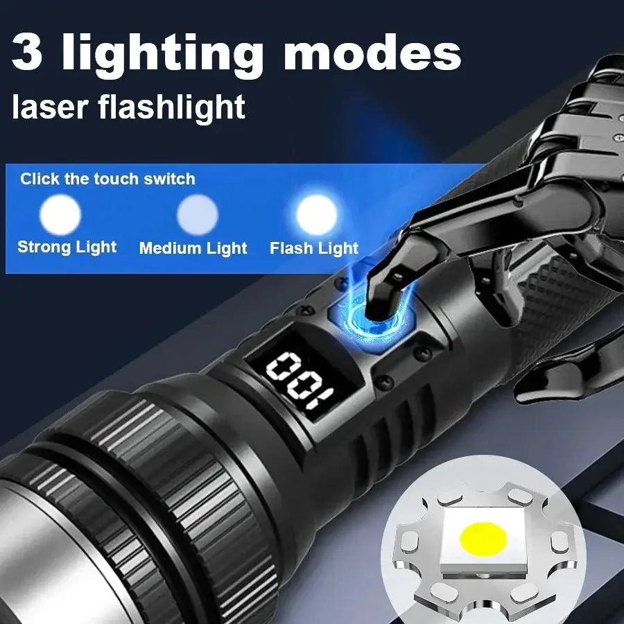Flashlight Simples Market 100000LM rechargeable LED tactical torch with digital display for outdoor waterproof use