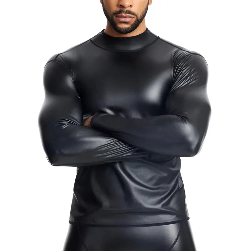 Simples Market men's black leather long-sleeve shirt with stand collar, slim fit