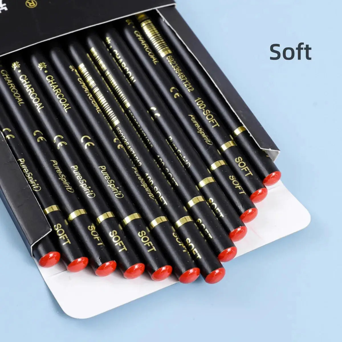 Charcoal pencil set, 12pcs professional soft pencils with red ends for drawing and shading.