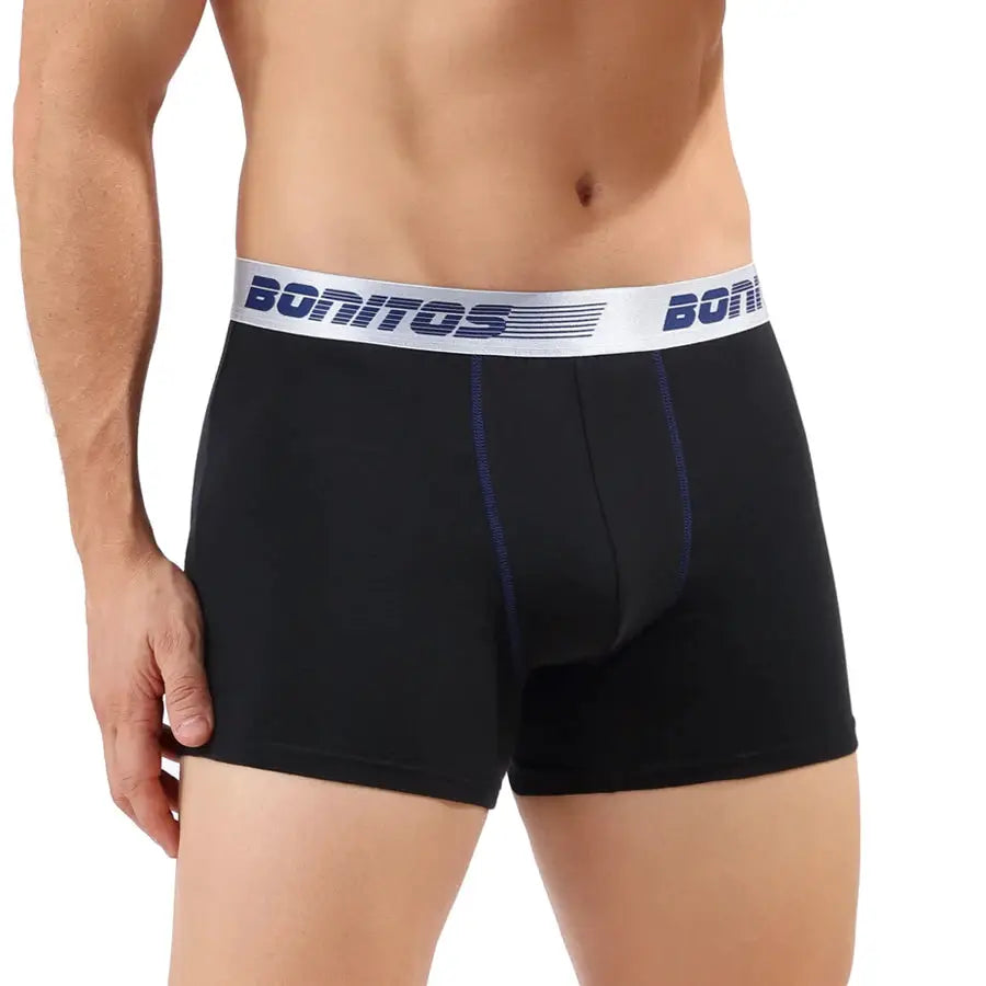 Men's black cotton boxer briefs with white Bonitos waistband and blue stitching.