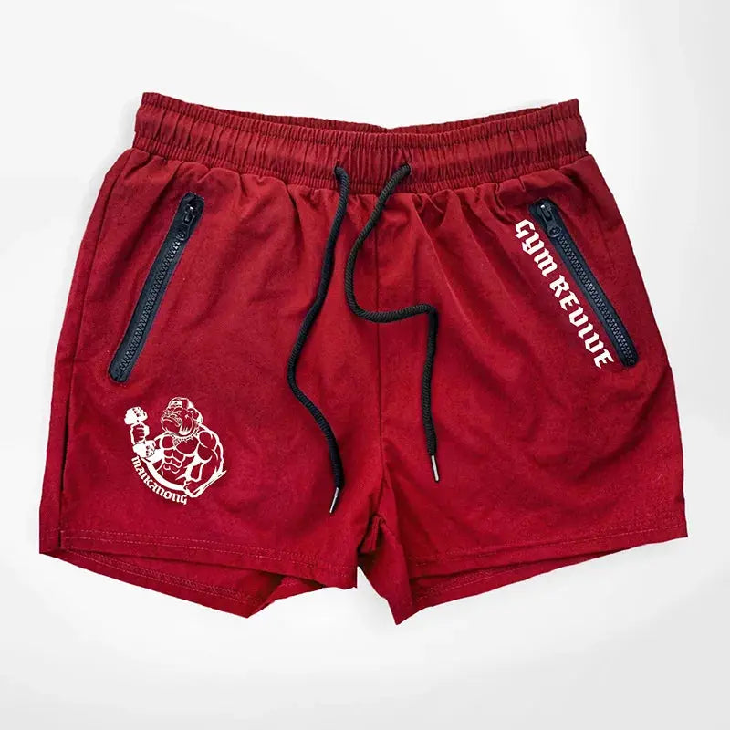 Men's red quick-dry printed shorts with dual zip pockets, black drawstring, Simples Market.