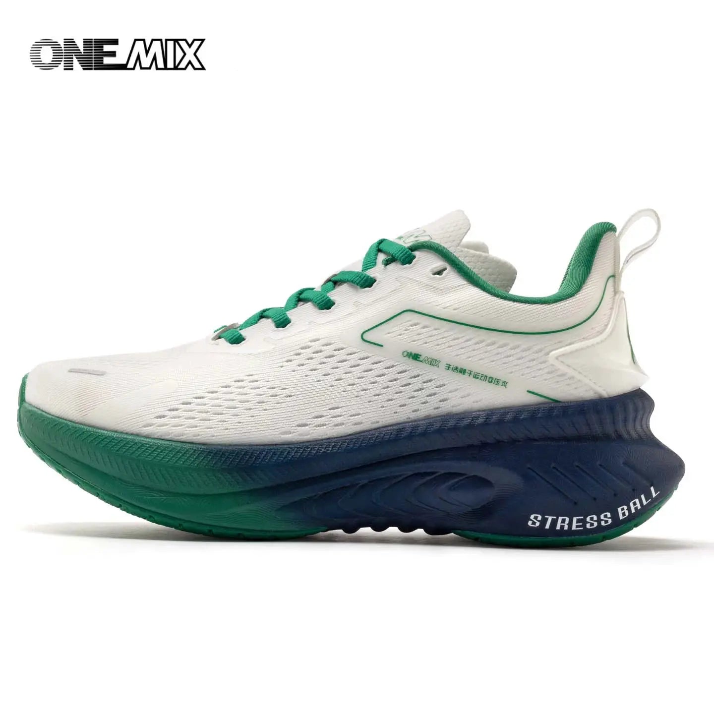ONEMIX men's summer breathable running shoes with white mesh upper, green accents, and dark blue-green cushioned sole
