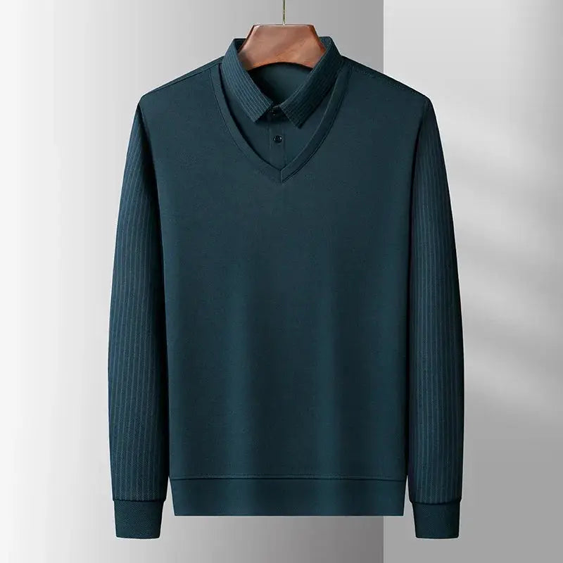 Men's long-sleeve polo-style top in dark teal with ribbed sleeves