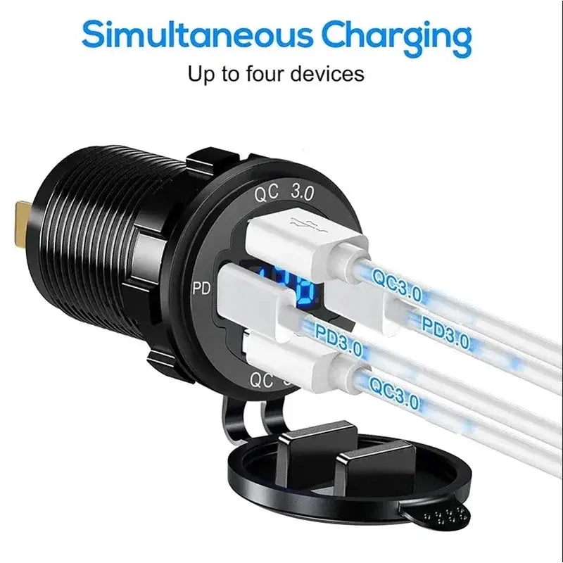 117W Dual PD USB Car Charger With Dual QC 3.0 Ports Voltmeter Waterproof 12V 24V Power Outlet For Car Boat