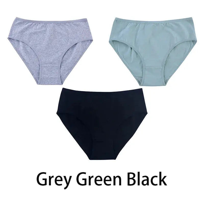 Women’s seamless cotton panties 3-piece set in grey, green, and black; solid color briefs.