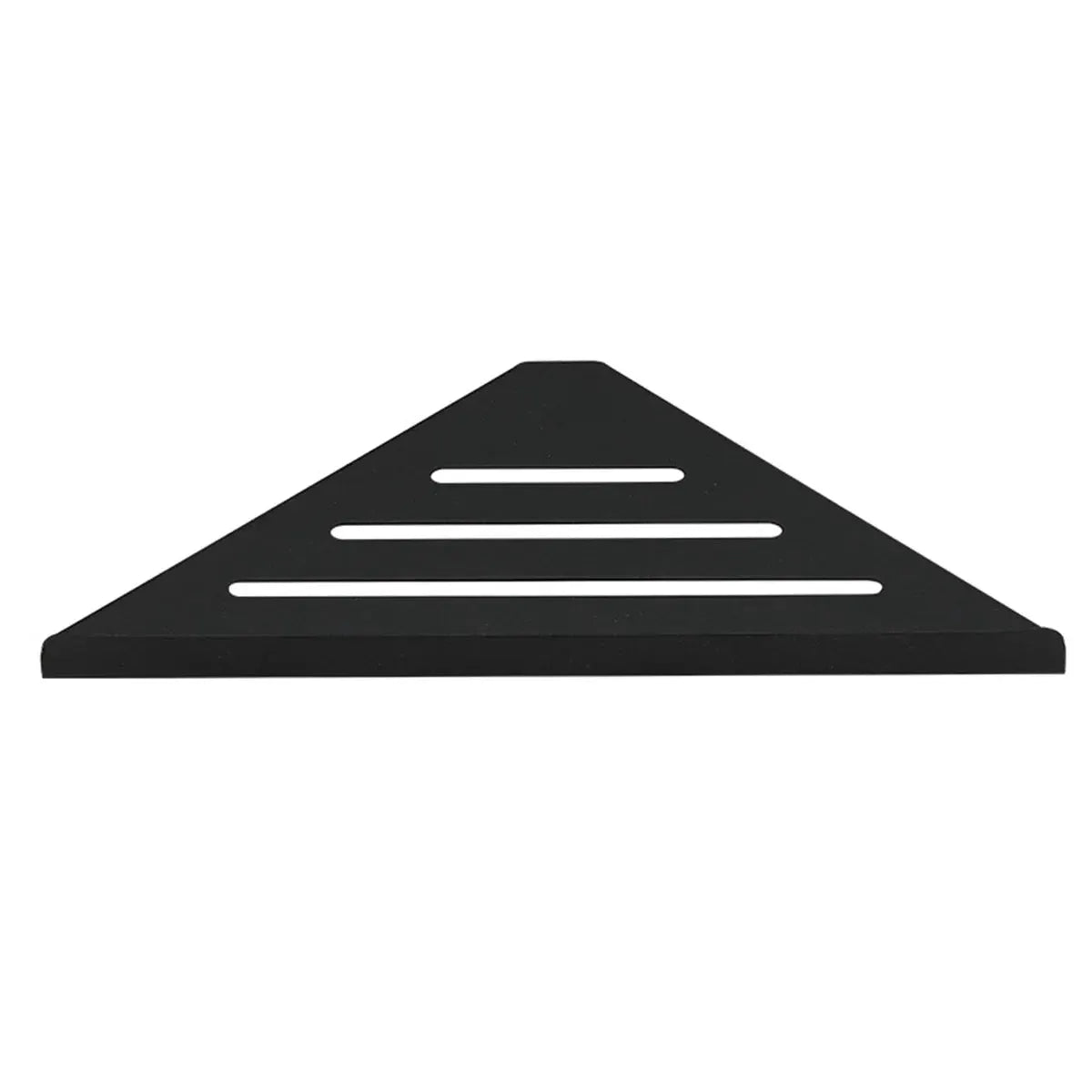 Black triangular bathroom corner shower shelf with three slotted tiers