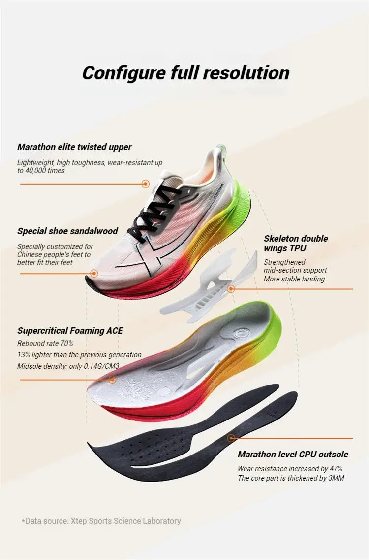 Xtep men's running shoes by Simples Market, white mesh upper with neon green and orange gradient sole.