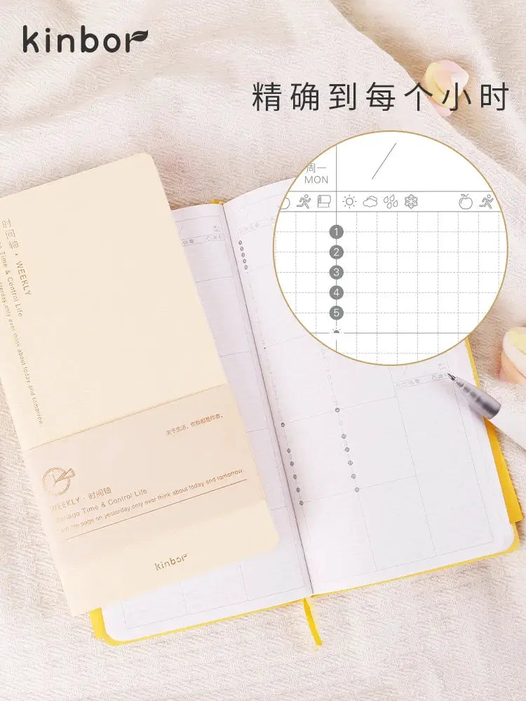 Kinbor weekly planner notebook with beige cover and undated pages