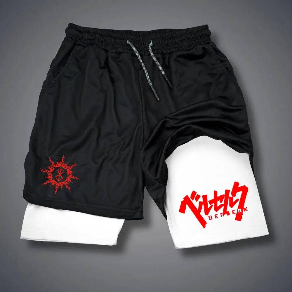 2-in-1 men's compression shorts, black outer with white inner layer, drawstring waist, red graphics on the legs.