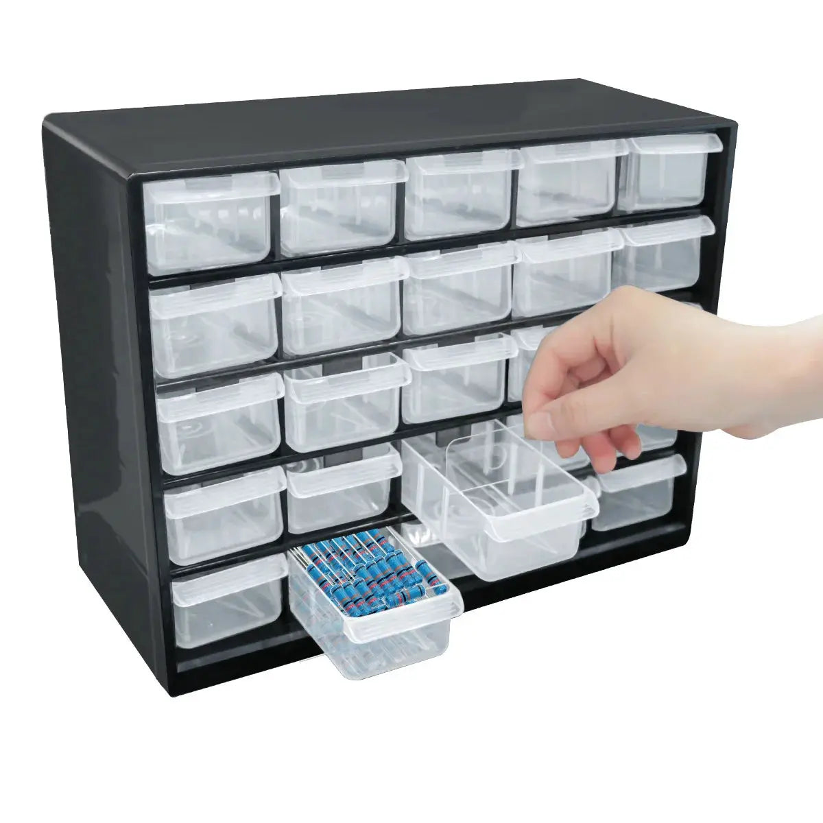 25-compartment wall-mounted parts box with clear plastic drawers; hand removing a bin