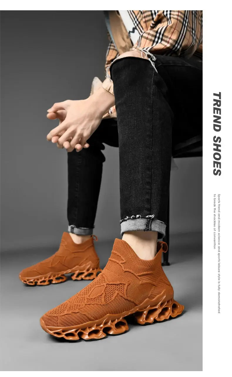 Simples Market men's orange knit sneakers with sculpted lattice sole; 2 shoes shown