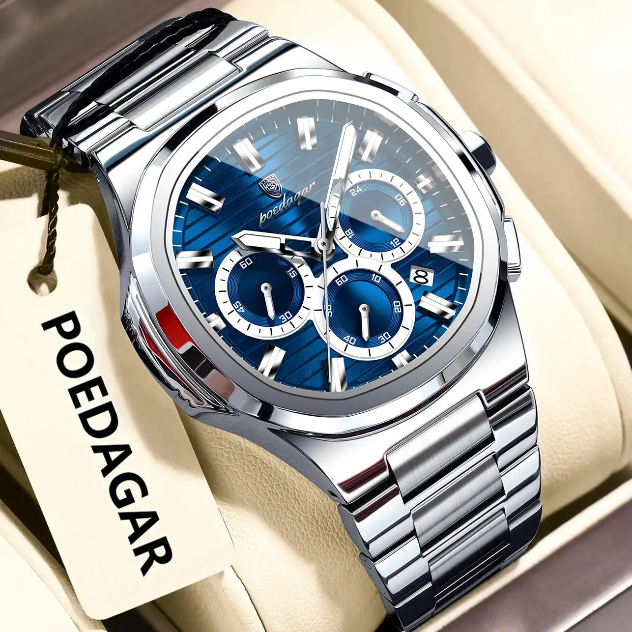 POEDAGAR men's stainless steel wristwatch with blue dial, chronograph subdials, date window, and luminous markers