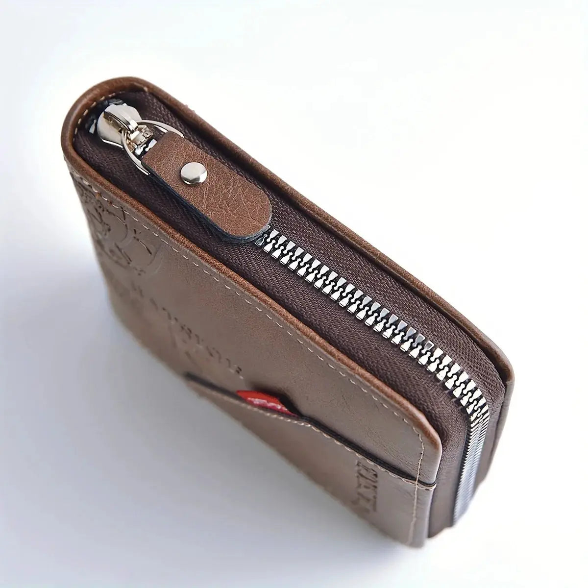 Simples Market men's brown PU wax oil skin wallet with zipper around coin purse and card holder