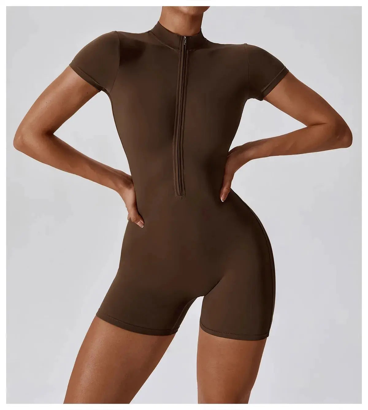 Women's brown zipper short-sleeve yoga jumpsuit by Simples Market, quick-dry breathable tight fit.