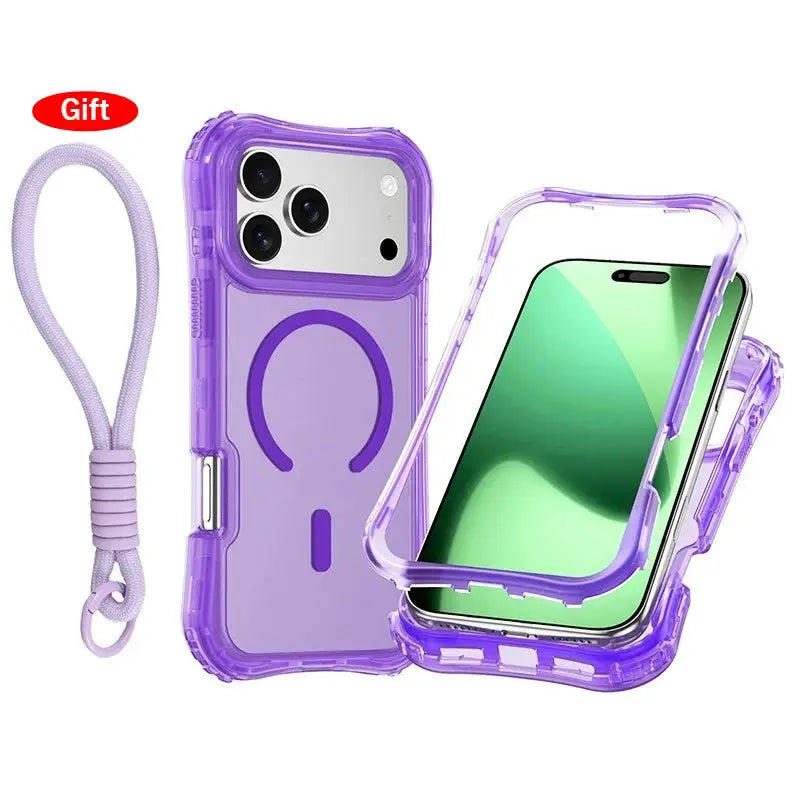 Armor 3IN1 PC+TPU magnetic charging clear case for iPhone Pro Max; purple bumper with wrist strap, 2-piece set