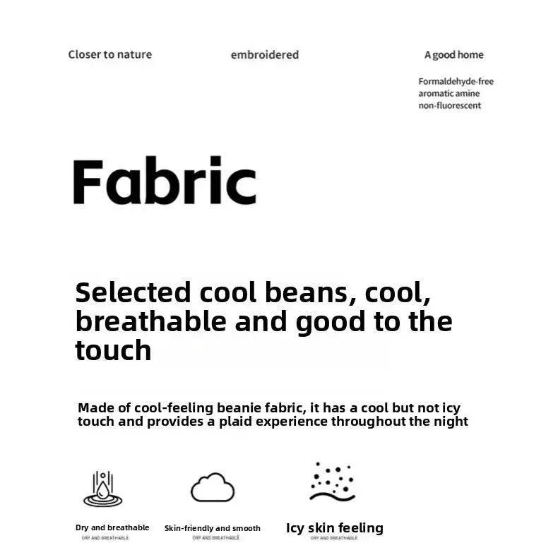 1pc Summer Cool Bean Pillowcase fabric infographic by Simples Market showing breathable, dry, skin-friendly features