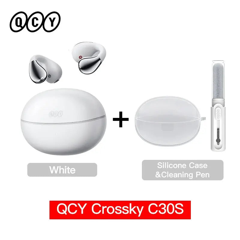 QCY Crossky C30S open-ear wireless earbuds in white with charging case, silicone case, and cleaning pen (4-piece set).