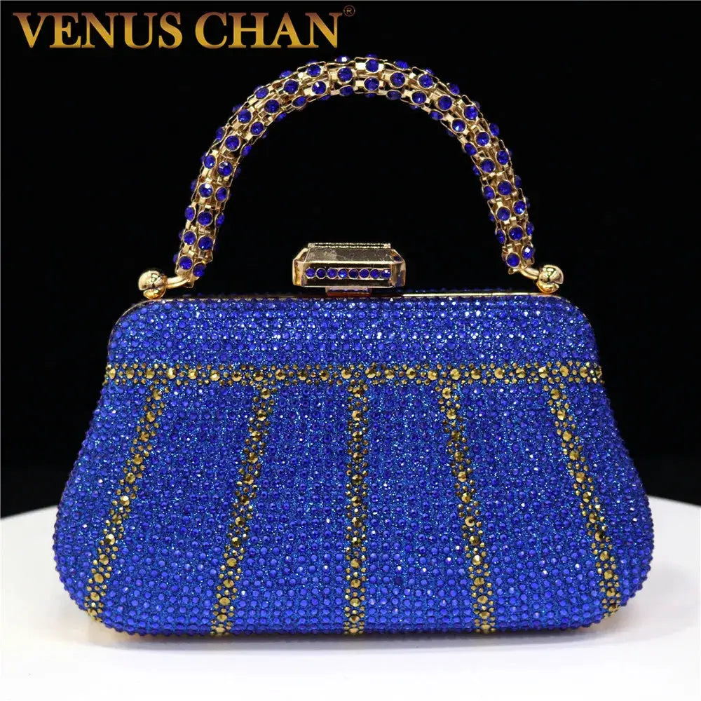 Clutch bag with blue rhinestones and gold-tone handle by Venus Chan