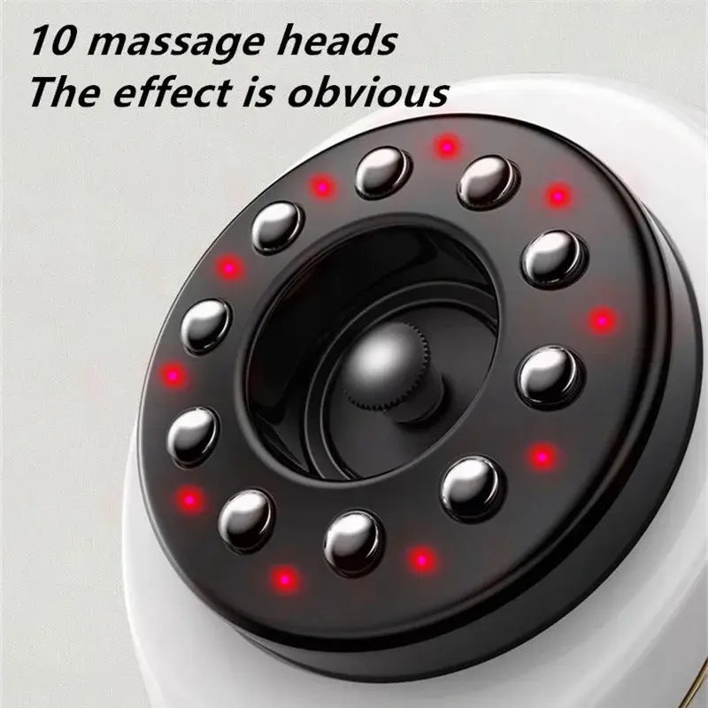 Electric cupping massage device with 10 massage heads and red LED indicators for back, neck, and arms