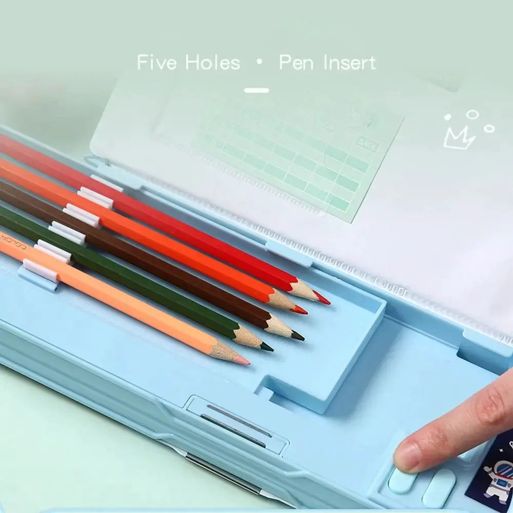 Blue plastic double-layer pencil case with pencil slots and astronaut design