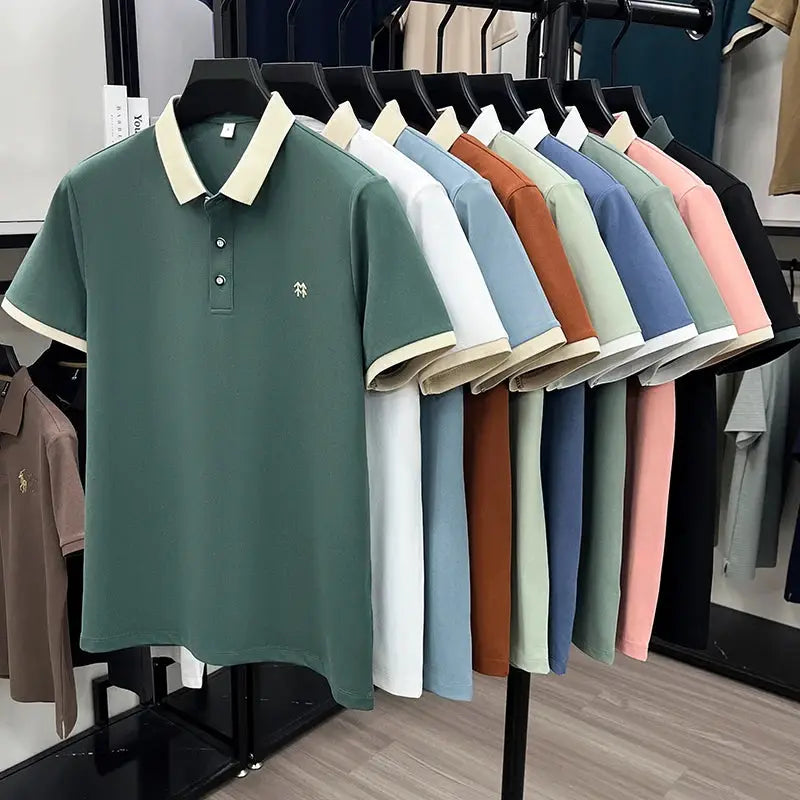 Polo shirt for men by Simples Market, designer silk-cotton with emerald green body and cream collar, short sleeves.