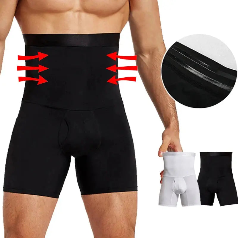 Men's tummy-control high-waist shapewear shorts by Simples Market in black with side compression panels