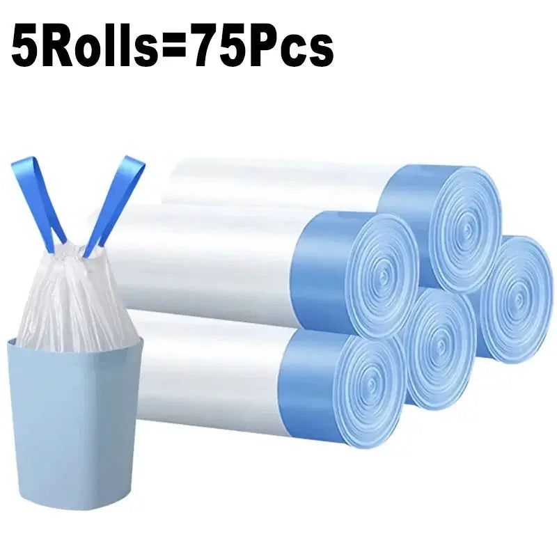 Drawstring trash bags by Simples Market, 5 rolls (75 pcs), thick white plastic bags with blue drawstrings.