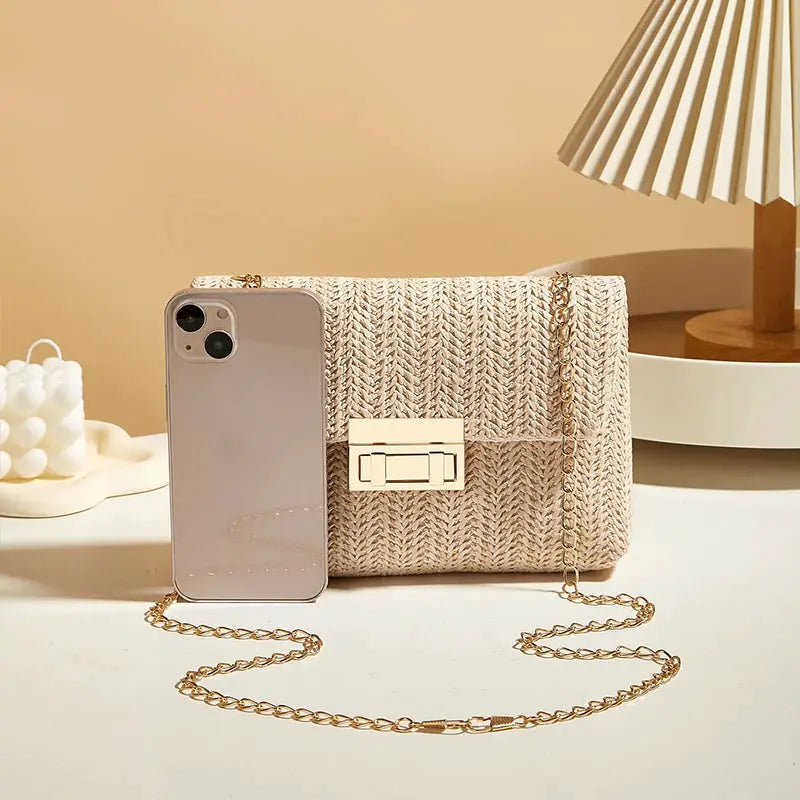 Crossbody bag for women, Simples Market, beige woven raffia with gold chain strap and square clasp