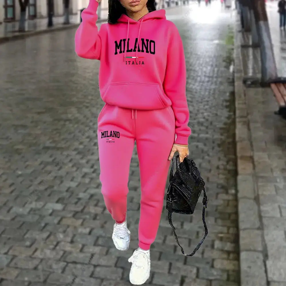 Autumn Winter 2pc Hoodie Pants Tracksuit Milano Letter Print Aesthetic