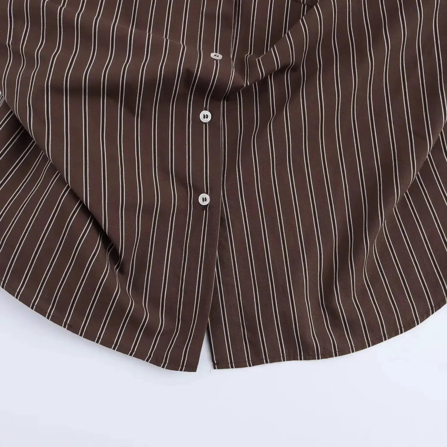 Brown striped blouse with white vertical stripes, button-front, long sleeves
