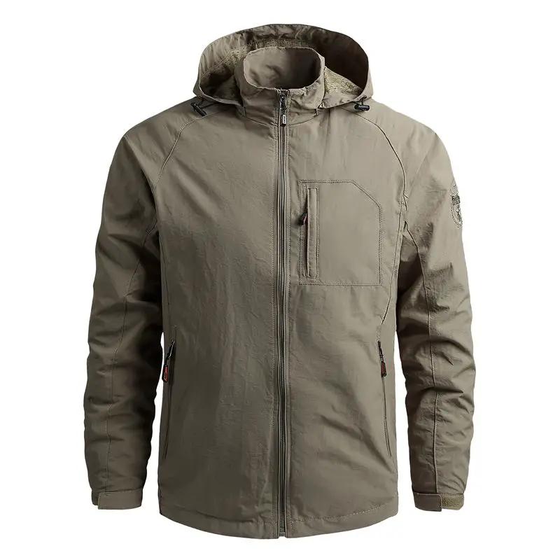 Khaki hooded men's outdoor waterproof jacket with zip front, chest pocket, side pockets, adjustable cuffs