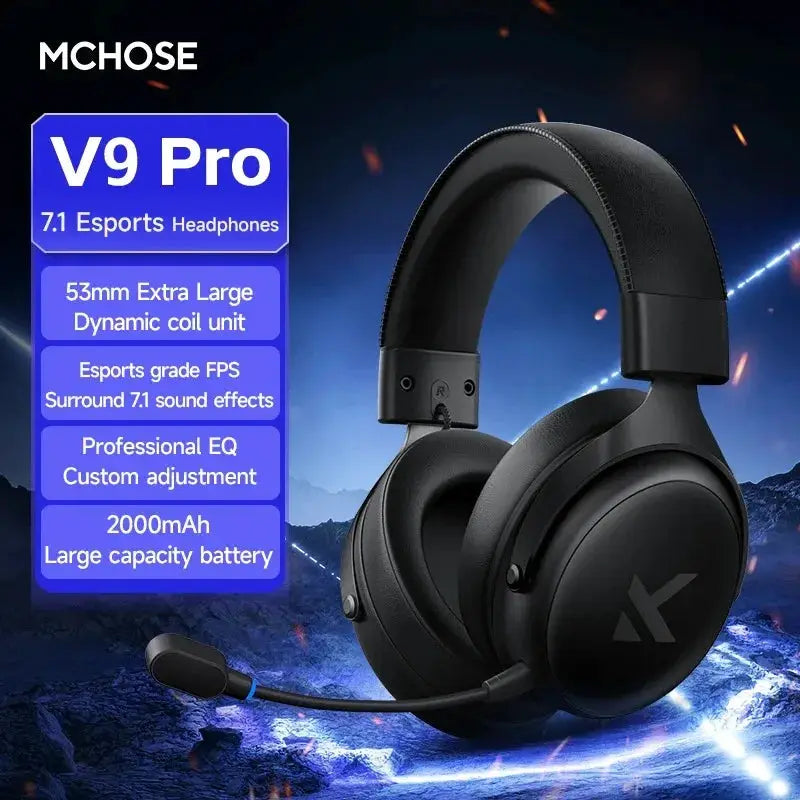 MCHOSE V9 Pro wireless gaming headset, black with 53mm drivers and 7.1 surround sound, noise-canceling mic for PS5