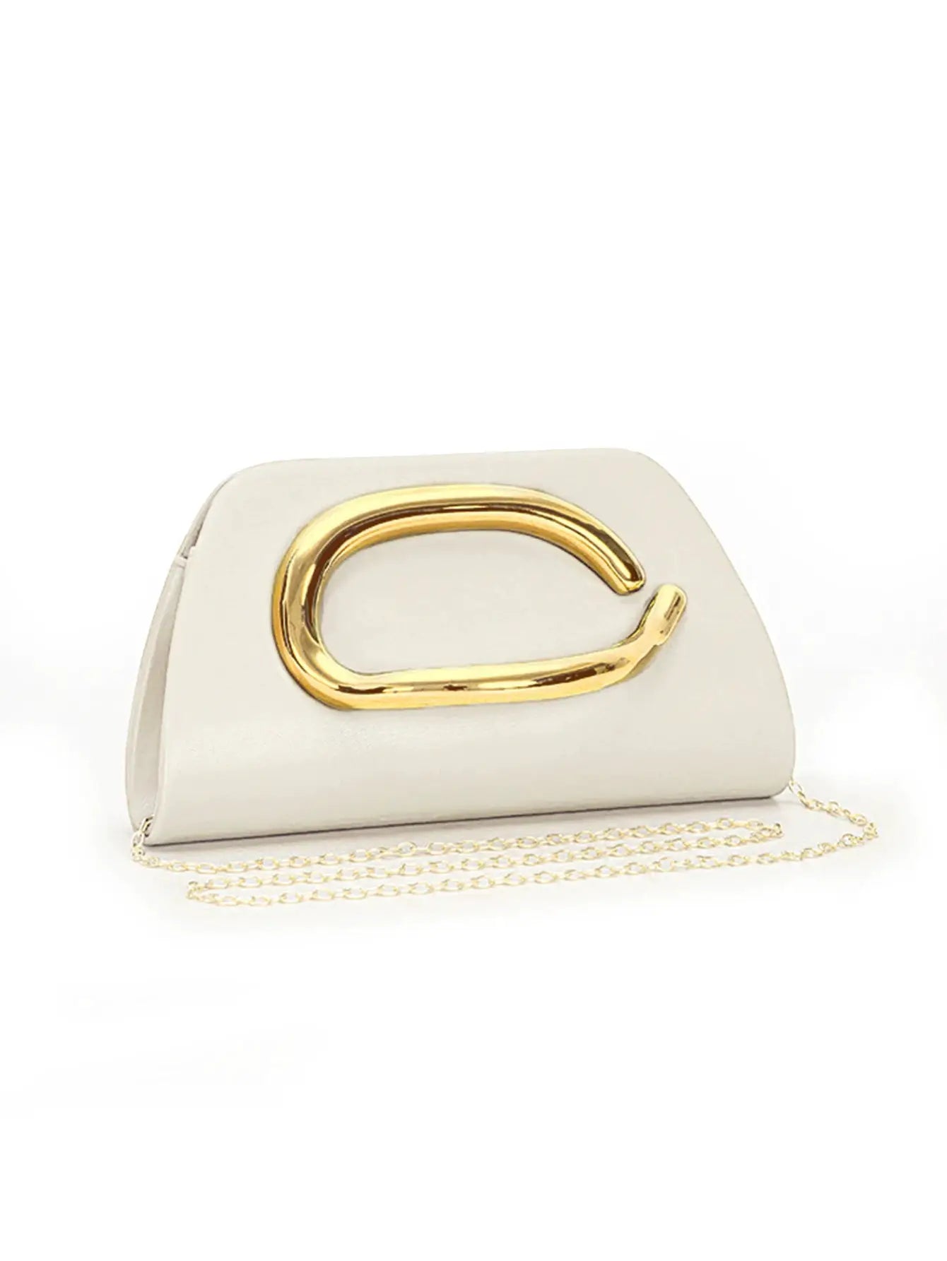 Box clutch in white with oversized gold buckle and delicate chain strap