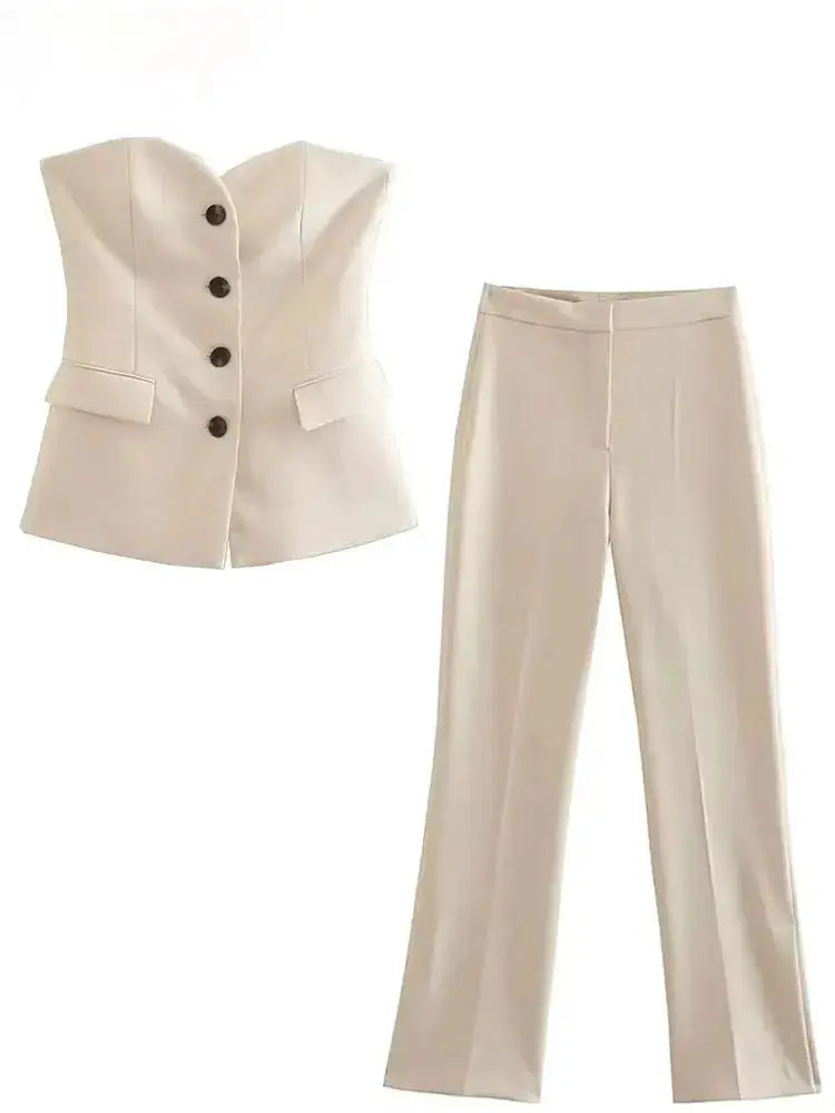 Women Elegant Strapless Tank Top Pant Suit With Side Slit Trousers