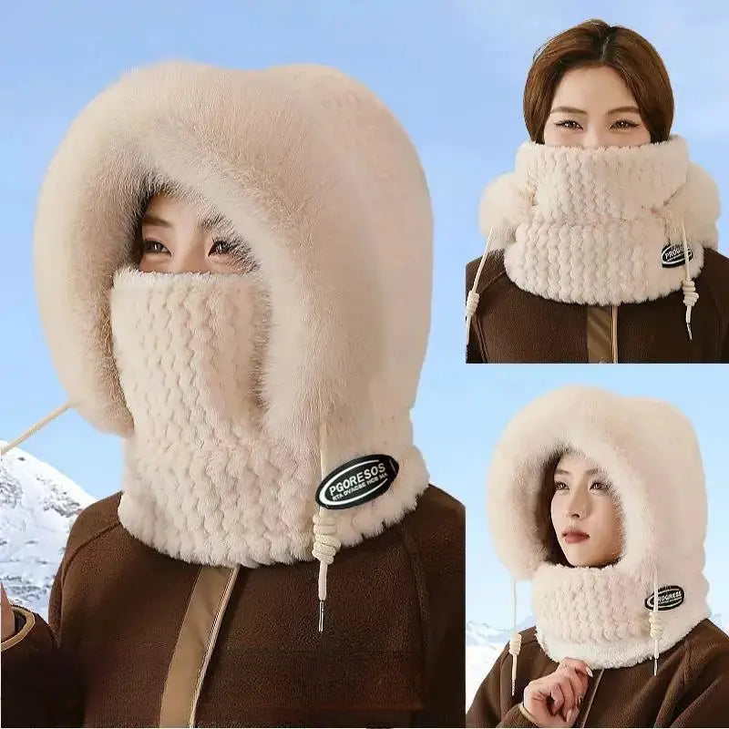 ArcticGuard Thermal Plush Hat Hood Scarf Mask Women Windproof Thick Design Outdoor Riding Gear