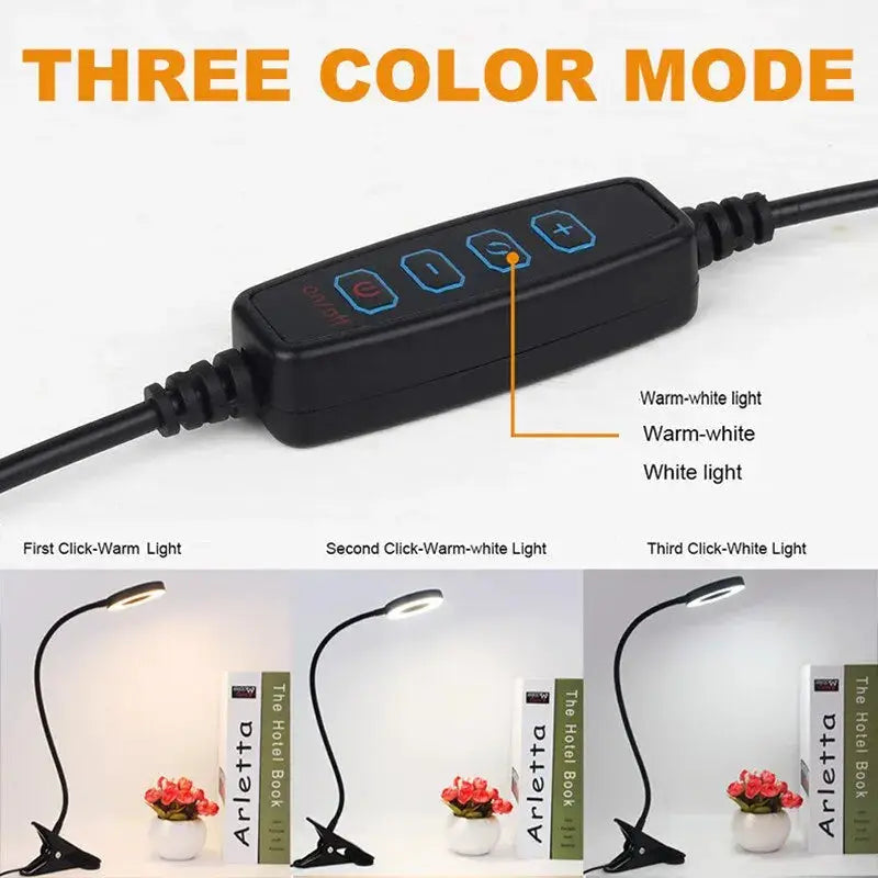 LED desk lamp clip with gooseneck, black, 48 LEDs, USB-powered, three color modes Simples Market