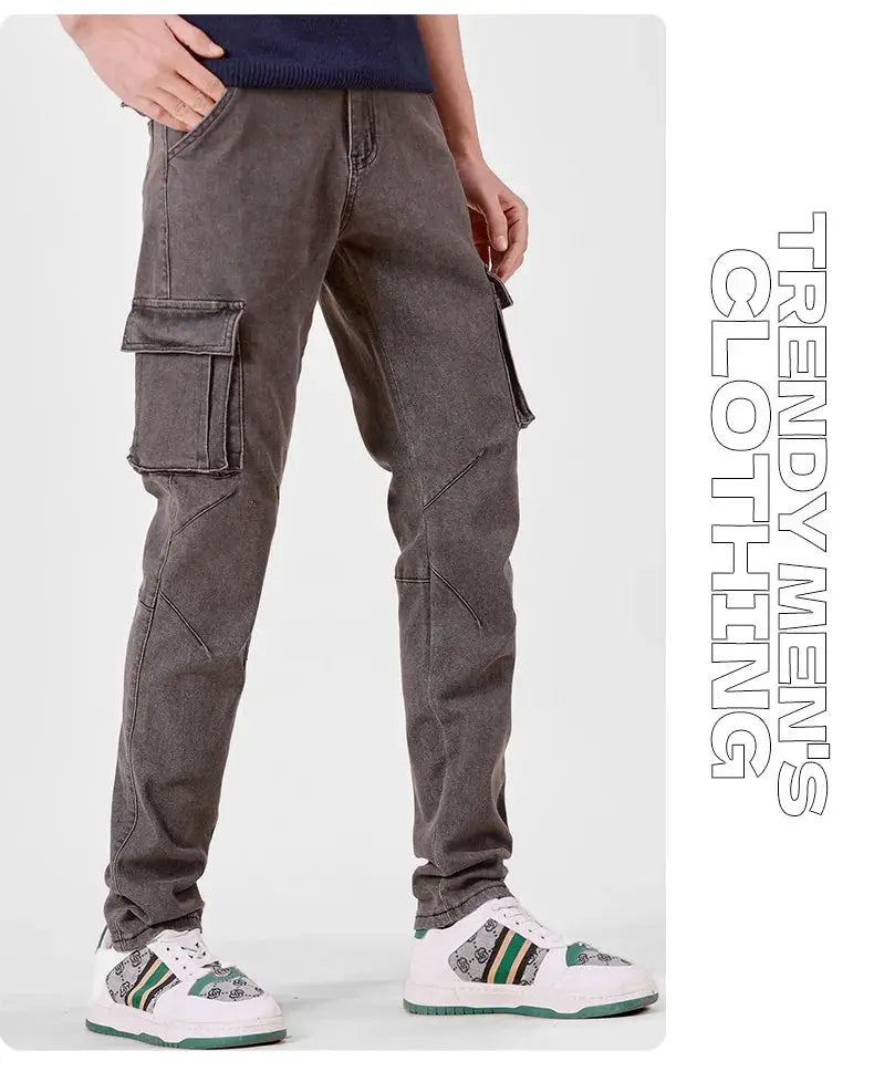 Men's denim cargo pants, washed dark gray, slim fit with multiple pockets for daily wear