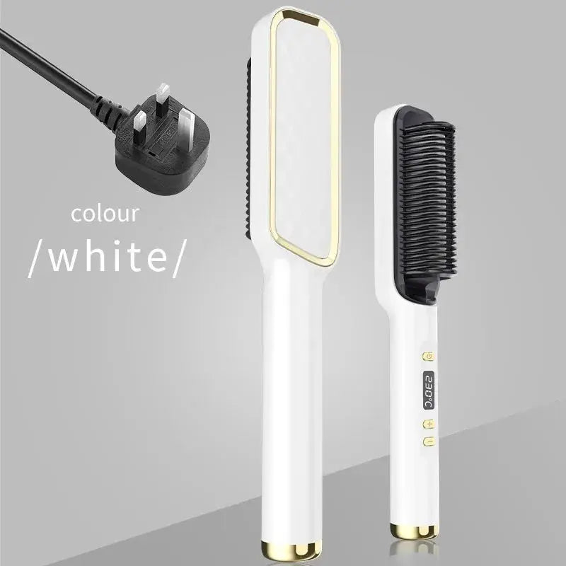 Electric hot comb with straightening brush, white with gold trim, Simples Market dual-head styling tool.