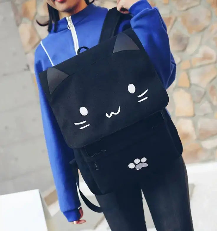 Simples Market Japanese Stupid Cute 3D Cat large-capacity backpack with black cat-face flap and paw pocket