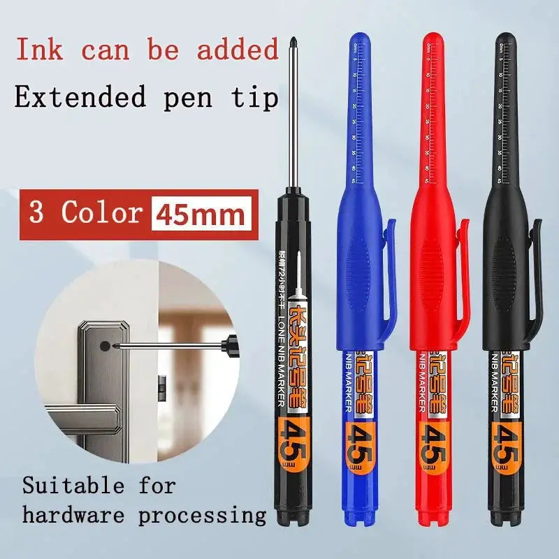 Simples Market 10pcs marker pens with 45mm extended tips; blue, red, black waterproof quick-dry ink for woodworking