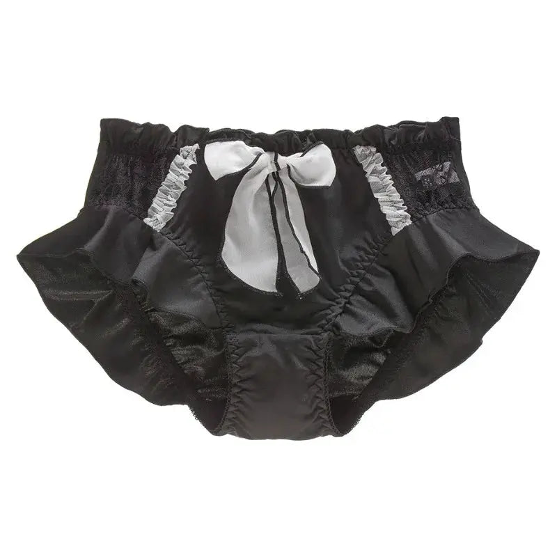 Women’s lace panties by Simples Market, black with white bow and ruffle trim