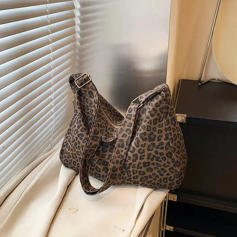 Leopard print soft-textile shoulder bag with dual straps and large capacity