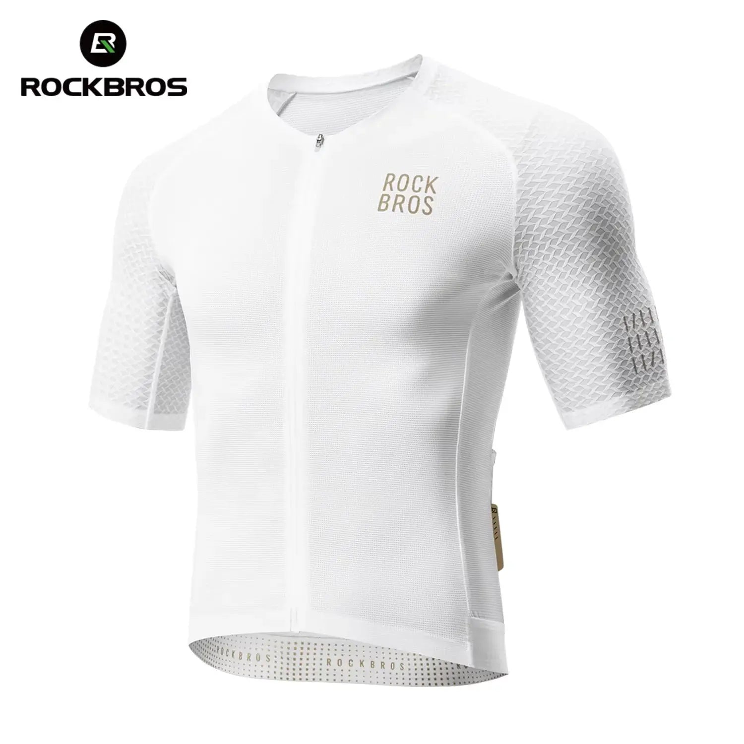 RockBros white men's cycling jersey, short sleeves, breathable mesh panels, gold logo on chest.