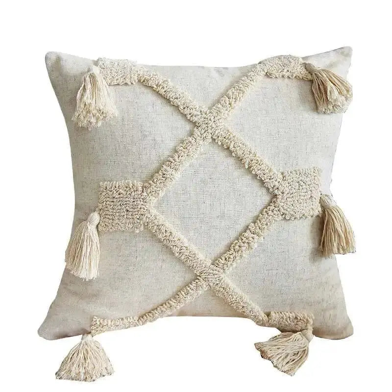 Boho Linen Cushion Cover 45x45cm / 30x50cm in beige with tassel trim