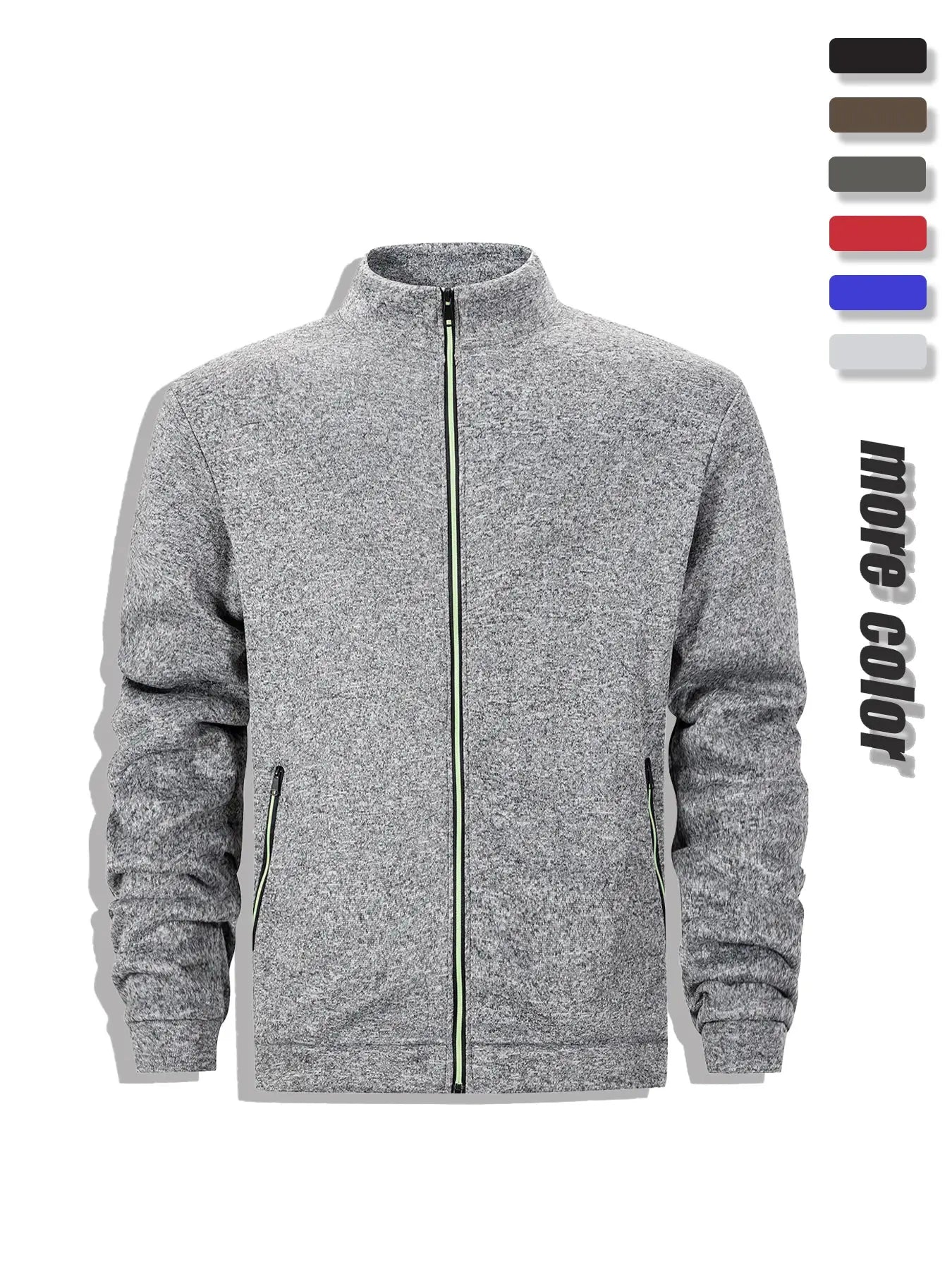 Men's casual full-zip sweatshirt jacket with stand collar in grey heather and neon-green zipper accents