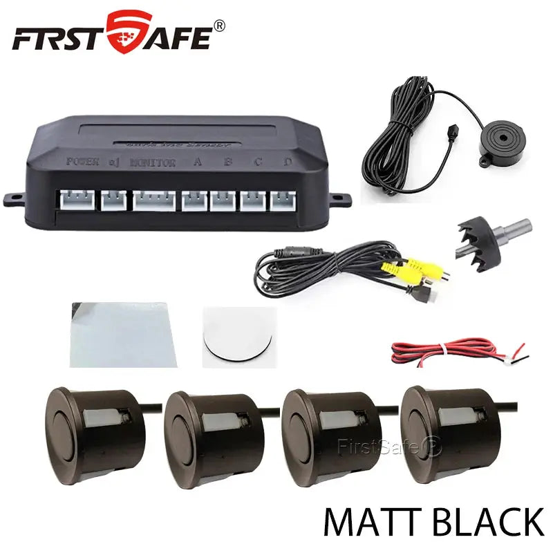 FirstSafe four-sensor car reverse radar monitor system, matte black, with control module, cables and mounting hardware.