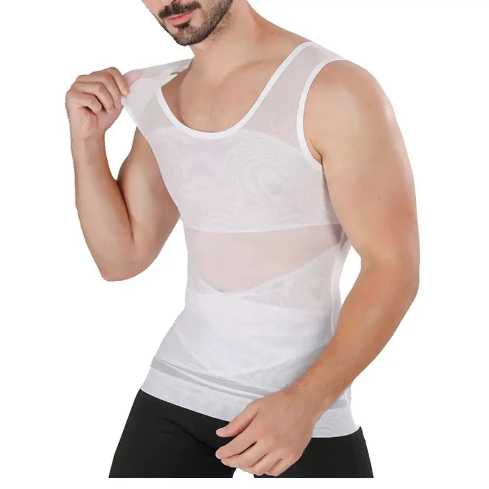 Men's white mesh-panel compression tank top, form-fitting sleeveless shirt